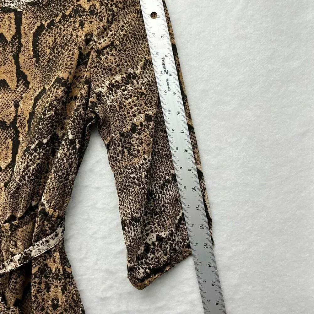 H&M Mini Dress Women's Sz 4 Brown Snake Print 3/4 Sleeve Scoop Neck Tie Waist - Picture 4 of 11
